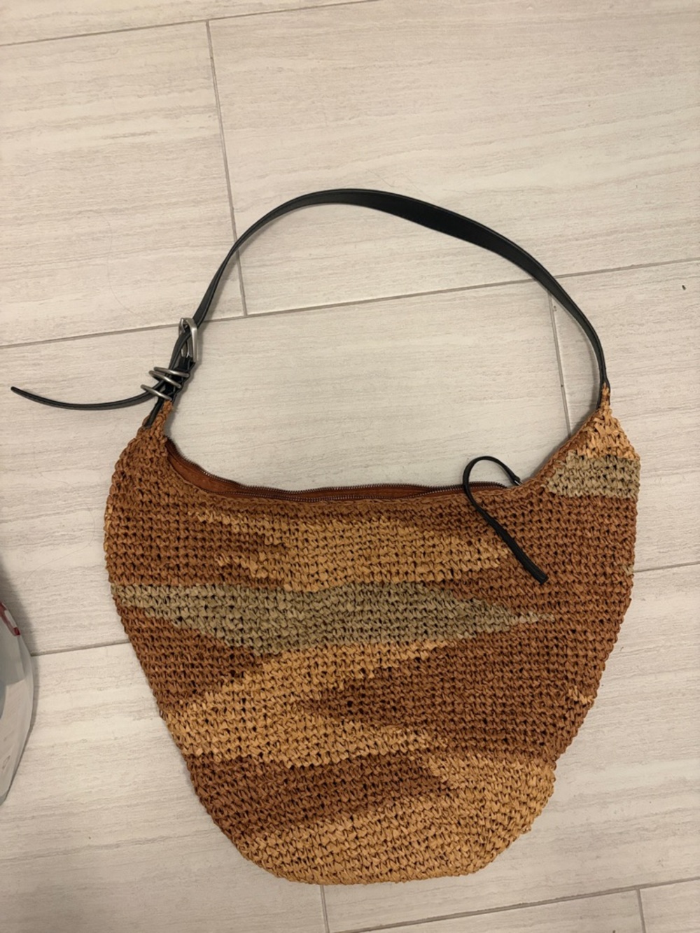 Woven Straw Hobo Bag with Black Leather Strap - Brown